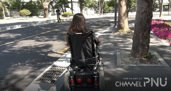 인도 중간에 나무가 심겨있어 이동하는 데 어려움을 겪고 있다. [남승우 기자]