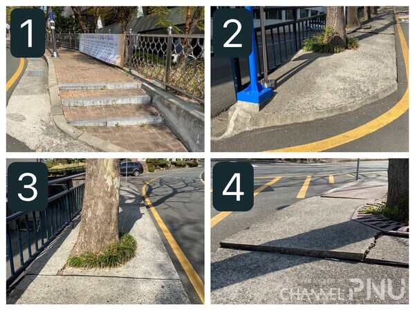 1. 422관(성학관) 1층에서 가장 가까운 인도. '계단 모양의 단차'가 있어 휠체어가 이동하지 못한다. 2. 421관(사회관) 후문 쪽 인도. 인도에 단차가 높아 기자가 탄 전동 휠체어는 올라갈 수 없다. 3. 421관(사회관) 후문 쪽 인도. 인도 가운데 나무가 심겨 있어 휠체어가 이동할 수 조차 없다.  4. 421관(사회관) 후문 쪽 인도에서 514관(경영관) 앞을 지나는 인도. 마감이 부실해 휠체어가 이동하기 위험하다. [독자 이건호 제공]