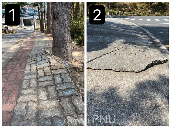 문제로 지적된 (1)마감 부실 (2)유효보도폭이 지켜지지 않은 인도이다. [독자 이건호(통계학, 17) 씨 제공]