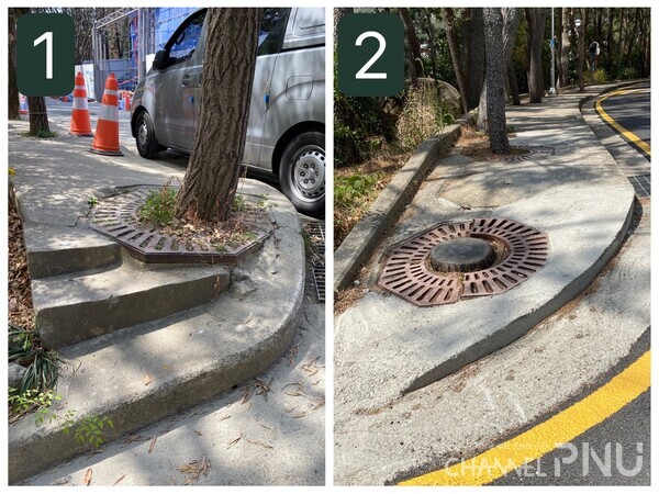 Barriers in PNU Busan campus. (1)Sidewalk near the construction site near the Pharmacy Building (501). It is dangerous to use the driveway due to construction, but it is not wheelchair accessible. (2)A downhill road from the Construction Building (401) to the Machinery Building (303). There is a sidewalk, and the width of the passage is narrow.[Provided by Lee Geon-Ho (17, Dept. of Statistics)]