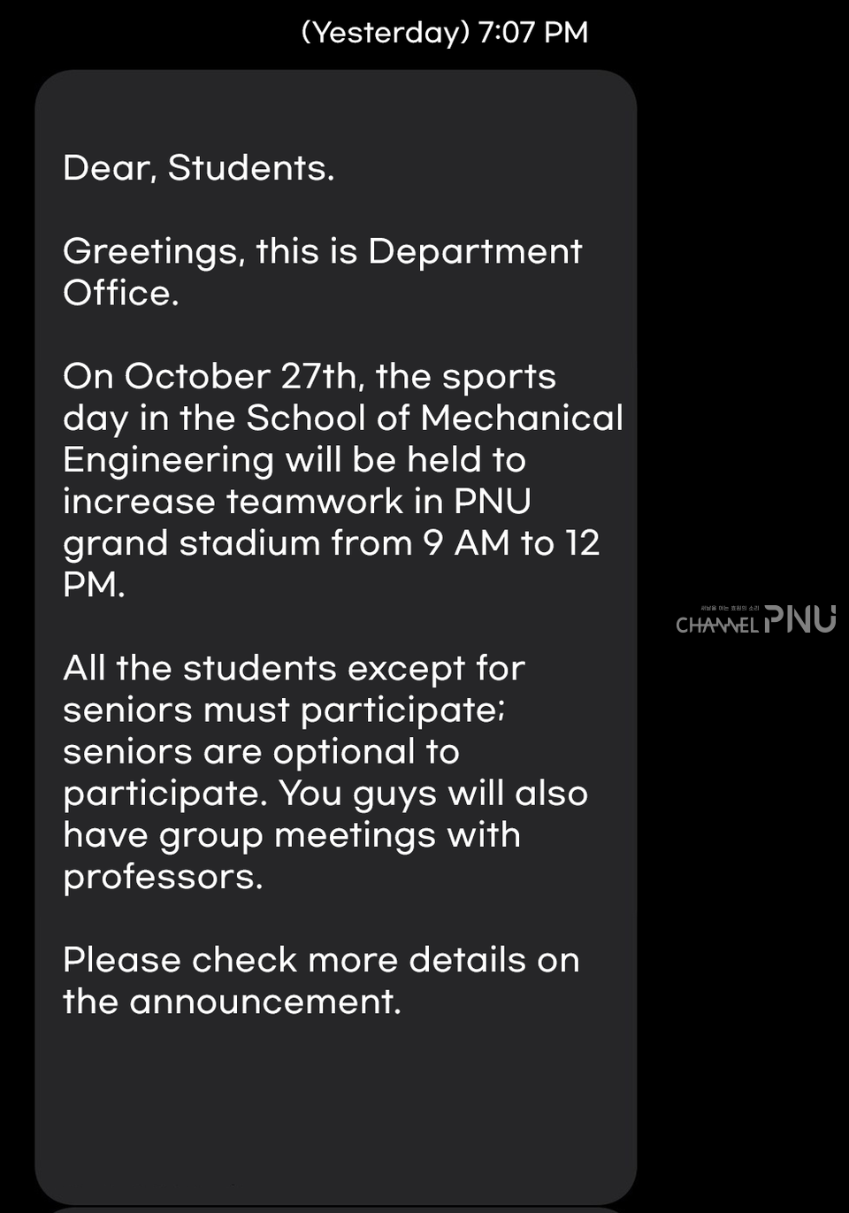 Group messages were sent to the Dept. of Mechanical Engineering students on October 20th. [Provided by Interviewee]