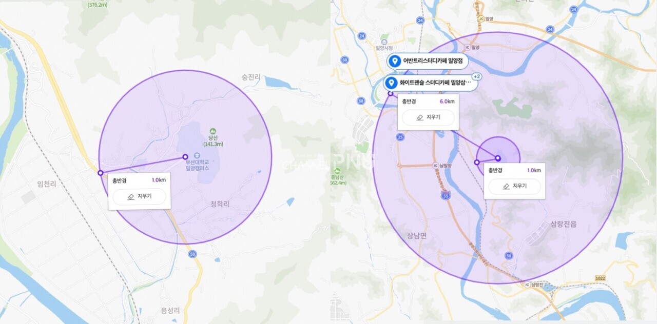 밀양캠퍼스 정문 기준 1km 이내(왼쪽), 6km 이내(오른쪽) 스터디카페와 독서실 현황. [이지수(식품자원경제학, 21) 씨 제공]