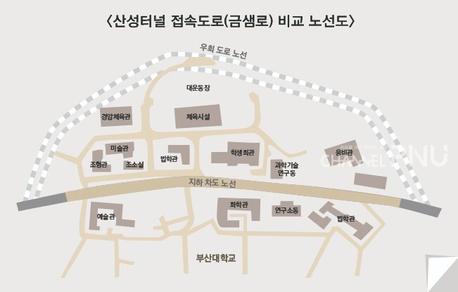 금샘로 개착·굴착식 부지와 우회도로 노선 비교. [채널PNU DB]