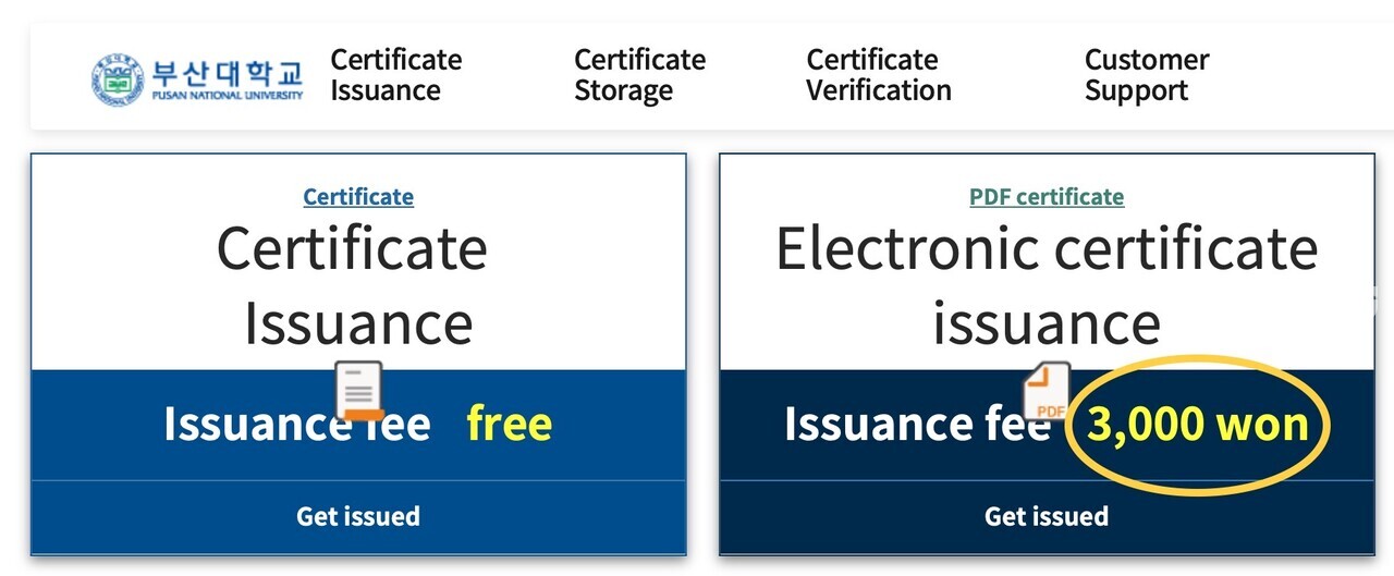 The E-certificate issuance charges 3,000 won of fee, and this is noticed at PNU internet certificate issuing system. [Source: Screenshot of PNU internet certificate]