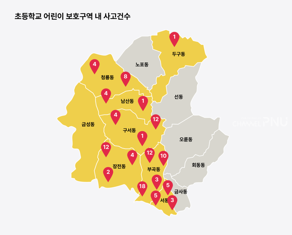 2020년~2022년까지, 3년 동안 21개 초등학교 어린이보호구역 내에서 발생한 사고 건수는 총 109건이었다. (출처 :TAAS교통사고분석시스템) [김신영 기자]