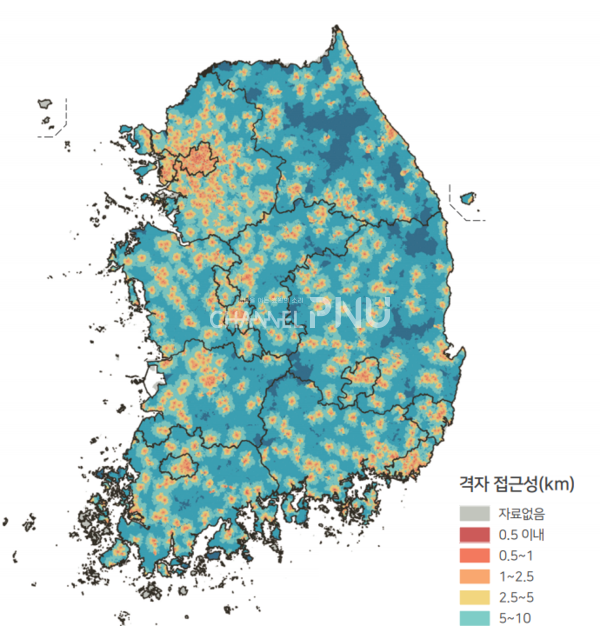 A visualization of “accessibility to cultural performance facilities” nationwide on the 500-meter scale. August, 2022, the Ministry of Land, Infrastructure and Transport released “2021 National Territorial Monitoring Report.” [Source: Statistics Korea]