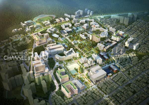 A bird’s eye view of the master plan as of May 2022 reported in The Kookje Daily News. In order to turn the campus into a “park”, a number of old buildings in the center of the campus were planned to be demolished and connected the Mirinaegol waterway to the main gate, but all were canceled except for the demolition of the Natural Science Building. [Jun Hyung-Seo, Reporter]