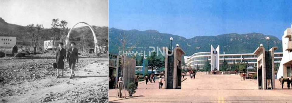 1950년 당시 정문(現후문)(왼쪽)과 1976년 완공된 신정문(오른쪽)의 모습. [취재원 제공]