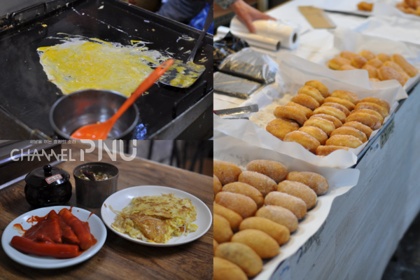 Clockwise from top left, egg dumplings being made, donuts on sale, egg dumpling and tteokbokki. [Lee Soo-Hyun, Reporter]