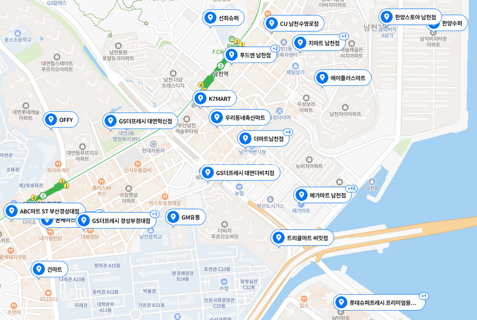 Convenient stores and medium-sized marts are near Megamart Namcheon branch that will close its door this year. [Source: Naver Map]