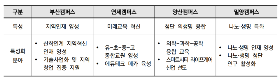 캠퍼스 특성화 계획 표. 연제캠은 '미래교육 혁신'을 목표로 교육 특성화 캠퍼스로 구성될 계획이다. [우리 대학 기획평가과 제공]