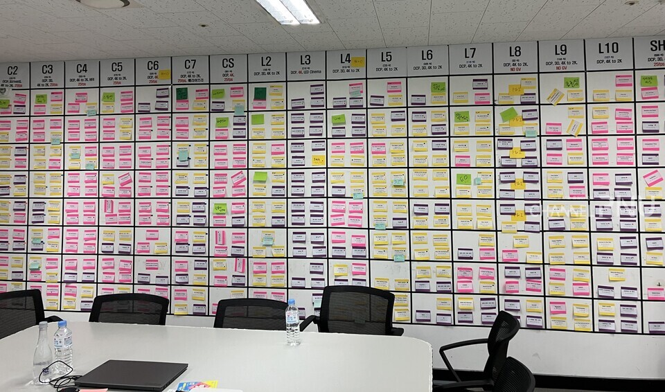 영화제를 준비하는 프로그래머들의 사무실. 벽 하나를 빼곡히 채운 시간표 편성 현장이다. [강소원 프로그래머 제공]