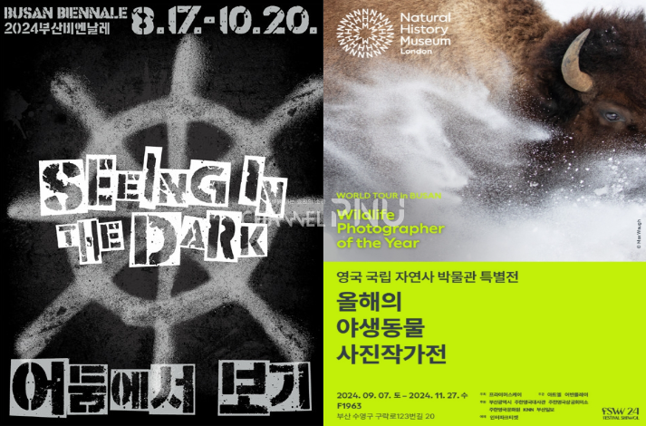 2024 부산비엔날레(왼쪽)와 올해의 야생동물 사진작가전 포스터. [출처: 부산관광포털 비짓부산 홈페이지]
