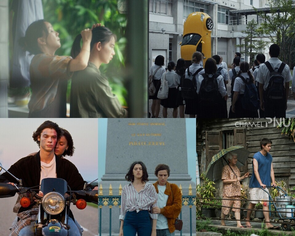 왼쪽 상단부터 시계방향으로 영화 '피쉬 본',  '해피엔드', '할머니가 죽기 전 백만장자가 되는 법', ‘폴&폴레트’, '그들 뒤에 남겨진 아이들'의 한 장면. [출처: 부산국제영화제 홈페이지]