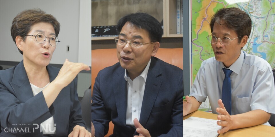 지난 9월 22일 선거 사무소에서 만난 더불어민주당 김경지 후보(왼쪽부터)와 지난 9월 10일 세무사윤일현사무소에서 만난 국민의힘 윤일현 후보, 지난 9월 21일 선거 사무소에서 만난 조국혁신당 류제성 후보. 왼쪽부터 선거 기호순이다. [이보영 ·김소영 기자]