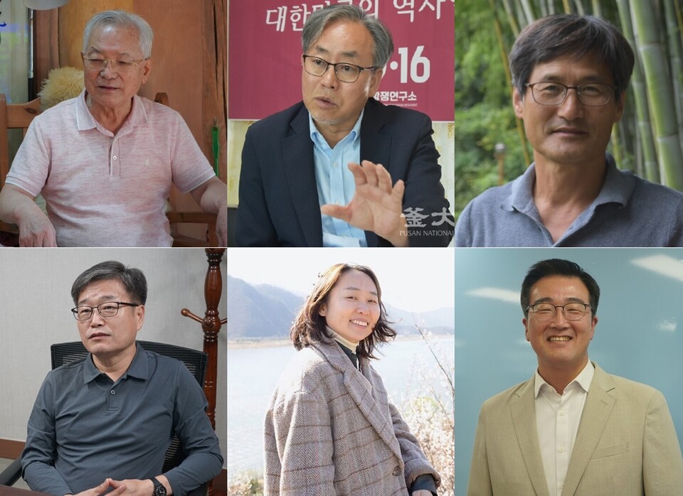 부산 학생운동 역사의 주역들. 왼쪽 상단부터 시계 방향으로 △1960년대 민주화 운동의 산증인인 송기인 신부 △1979년 부마항쟁 당시 폐정 개혁 요구 선언문을 배포한 정광민 부마민주항쟁기념사업회 회장 △6월 항쟁 당시 우리 대학 총학생회장을 맡은 김종삼 한의사 △6월항쟁에 앞장섰던 부마민주항쟁기념재단 김종기 상임이사 △2000년 학내 여성 운동을 이끌었던 완월기록연구소 임봉 사무국장 △IMF 이후 학생 사회 참여를 주도한 진보당 부산시당 노정현 위원장. [정수빈 기자·채널PNU DB·취재원 제공 등]