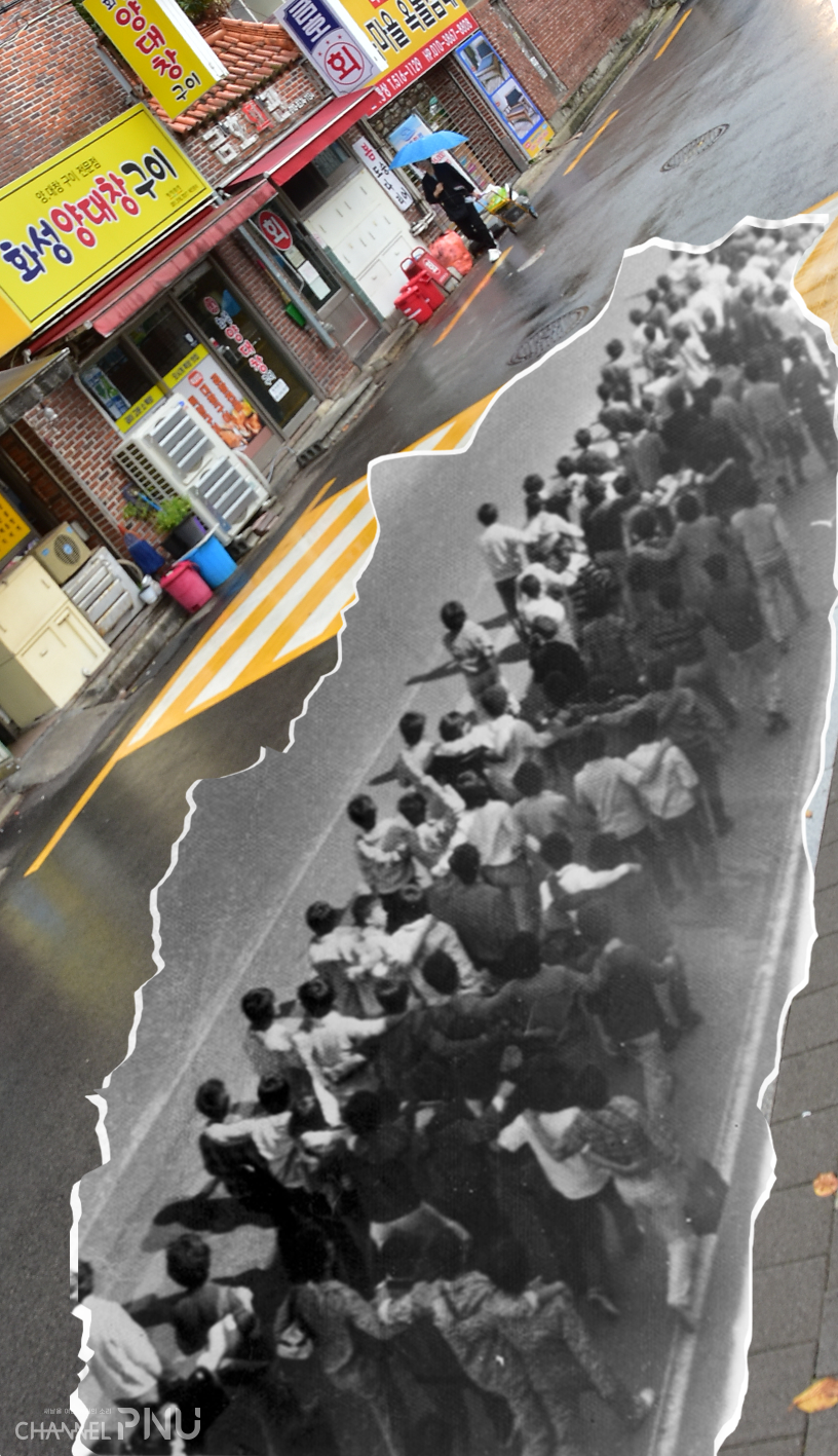 ​당시 온천장을 지나던 시위대의 사진.  온천장은 우리 대학에서 출발한 시위대가 진압대를 벗어나 첫번째로 진출한 장소다. (c) 조승완 전문기자