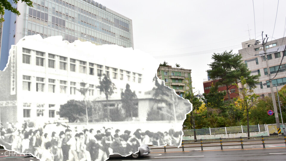 온천장에서 진압대와 충돌한 후 동선을 변경해 동래경찰서를 지나는 시위대의 모습. (c) 조승완 전문기자