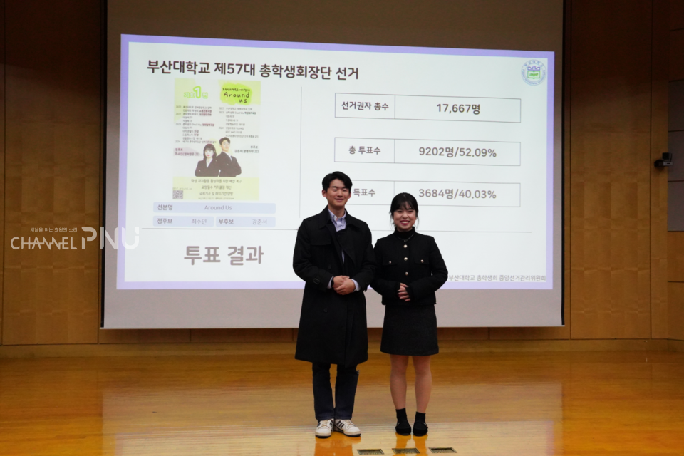 오늘(29일) 우리 대학 제57대 총학생회에 당선된 어라운드 어스 선본. [유승현 보도부장]