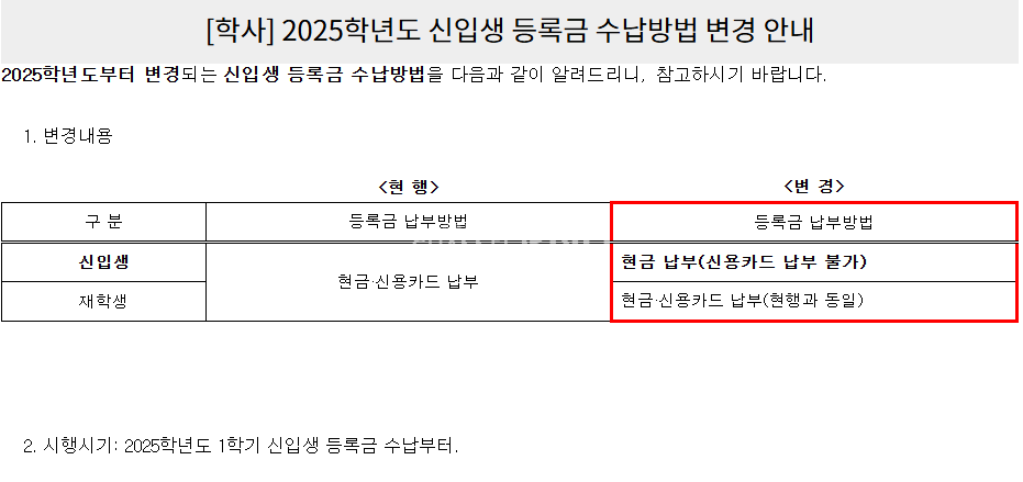 지난해 12월 16일 부산대학교 홈페이지에 올라온 2025학년도 신입생 등록금 수납 방법 변경 안내문. 2025학년도 1학기 신입생 등록금 수납부터는 신용카드 납부가 불가함을 명시하고 있다. [출처: 부산대학교 홈페이지 공지사항 갈무리]