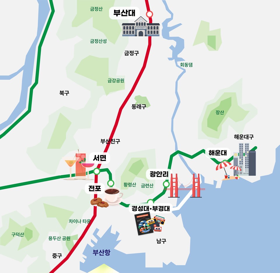 우리 대학과 부산 주요 핫플이 표시된 지도. (c)김나경 기자