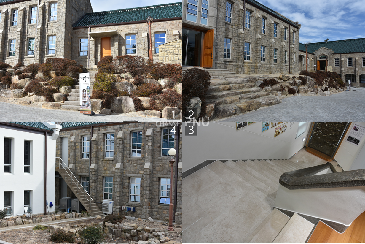 The interior and exterior staircases of PNU University Museum. From the top left in a clockwise direction: the entrance leading to Gaonnarae, the main entrance, the staircase between the 1st and 2nd floors inside the main building, and the back of the museum. [Oh Jeong-Rin, Reporter]