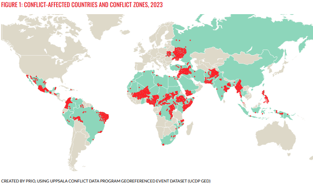 The distribution of children living in conflict-affected areas shown on the world map. [Source: Stop the War on Children: Pathways to Peace]