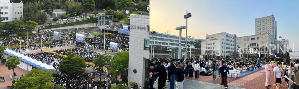 Scenes from 2024 Daedong-Je Festival held at Nuk-Teo (left) and the student council inauguration event of the College of Engineering held on March 20th, 2025. ["Channel PNU DB ," Hwang Ju-Won, Reporter]