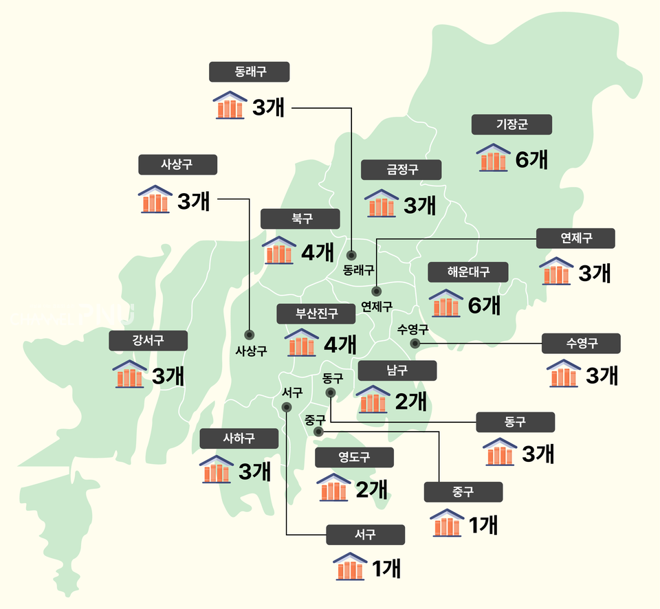 오는 4월 12일 도서관의 날을 맞이해 일주일동안 도서관 주간 행사를 실시하는 부산시 공공도서관 50곳을 행정구에 따라 나눈 지도. (c) 정혜미 기자