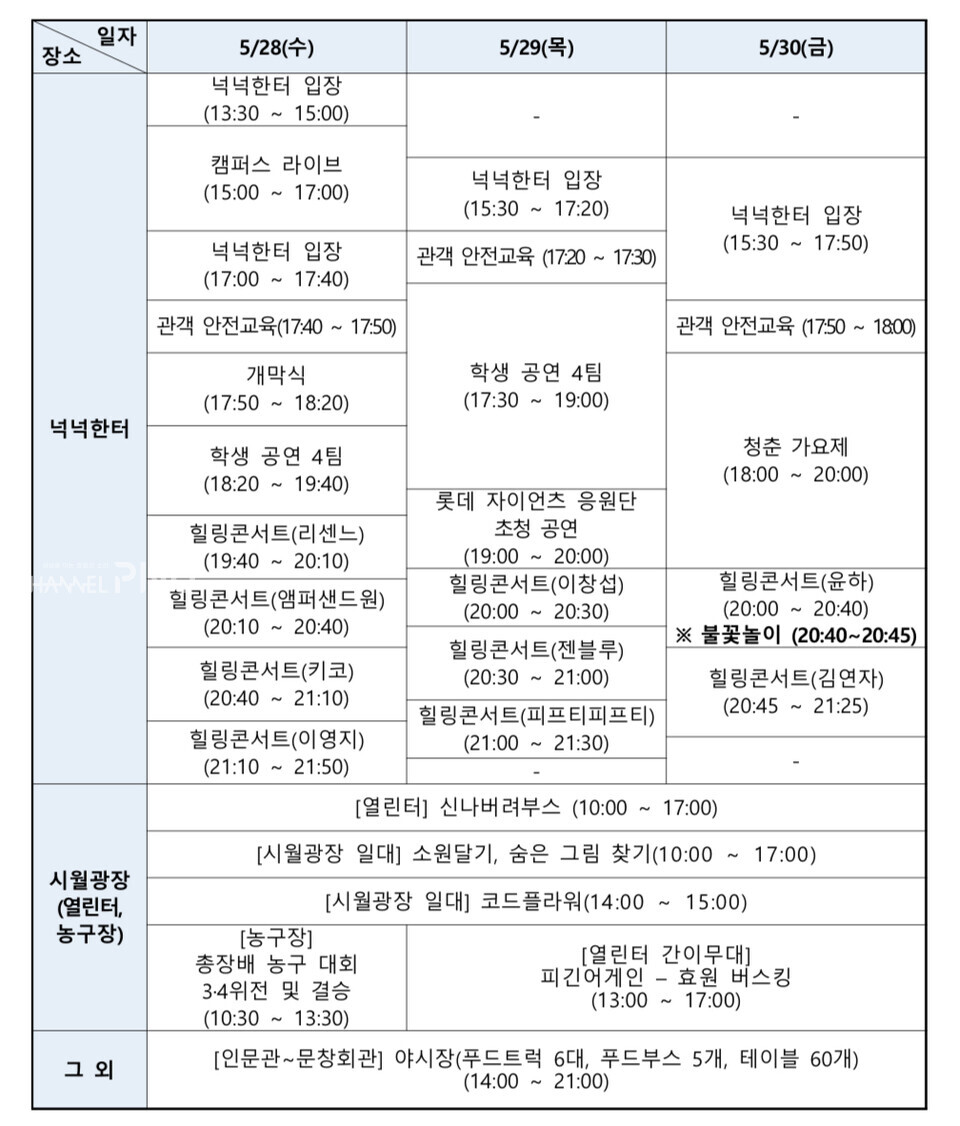 우리 대학 학생처가 배포한 2025 대동제 행사 시간표. [취재원 제공]