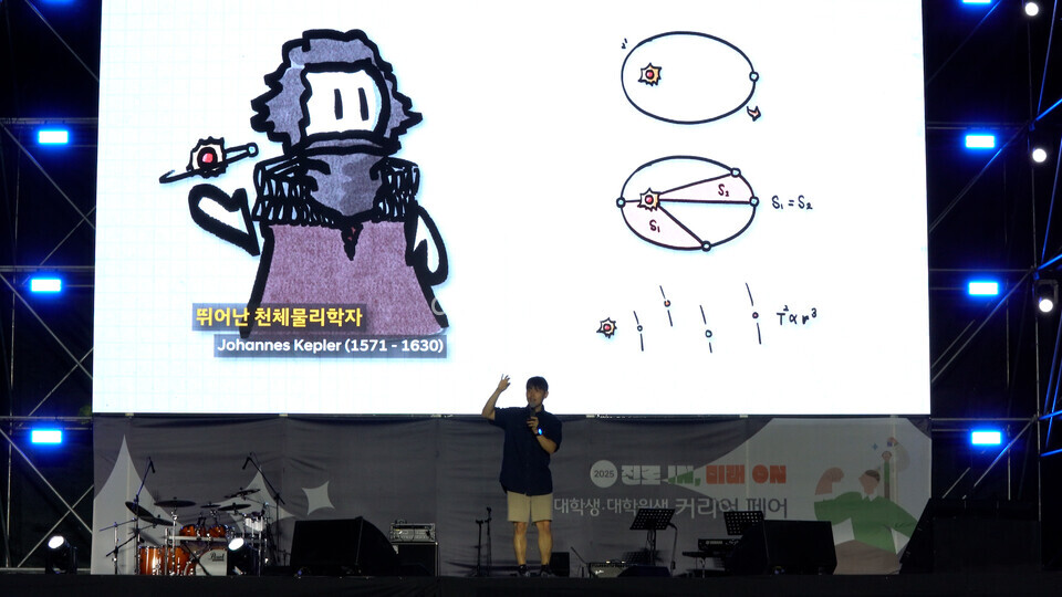 지난 9월 18일 커리어페어 강연에 나선 유튜버 과학쿠키가 케플러의 법칙에 관해 설명하고 있다. [양희승 제작부장]