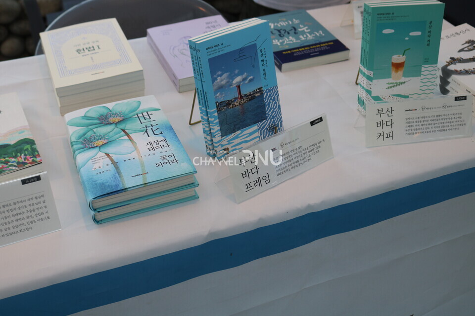 지난 9월 21일 부산 수영구 '2025 광안리 해변도서전'의 한 출판 부스. 부산을 주제로 한 도서가 전시됐다. 