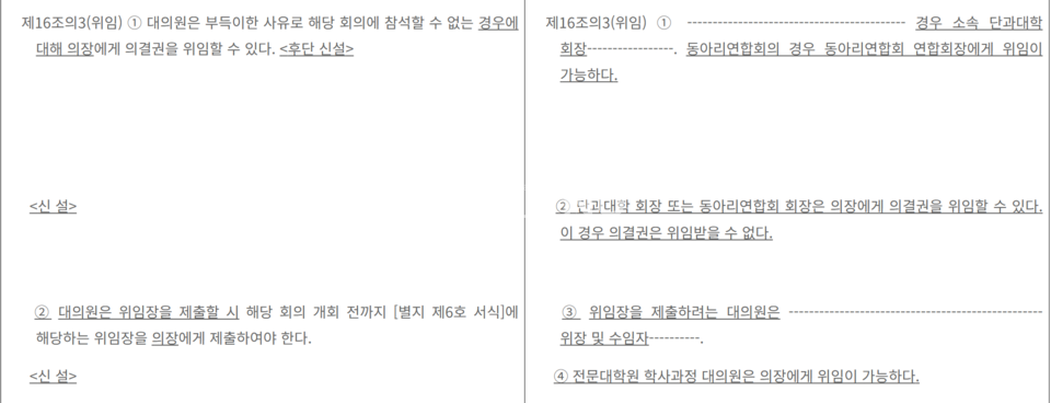 지난 11월 3일 우리대학 총학생회 홈페이지에 공지된 총학생회칙의 개정안. [우리대학 총학생회 홈페이지 갈무리]